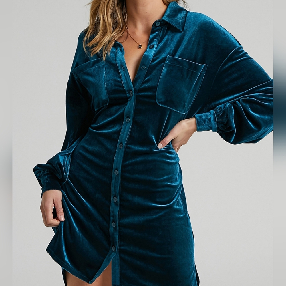 Blue Velvety Button-down Dress